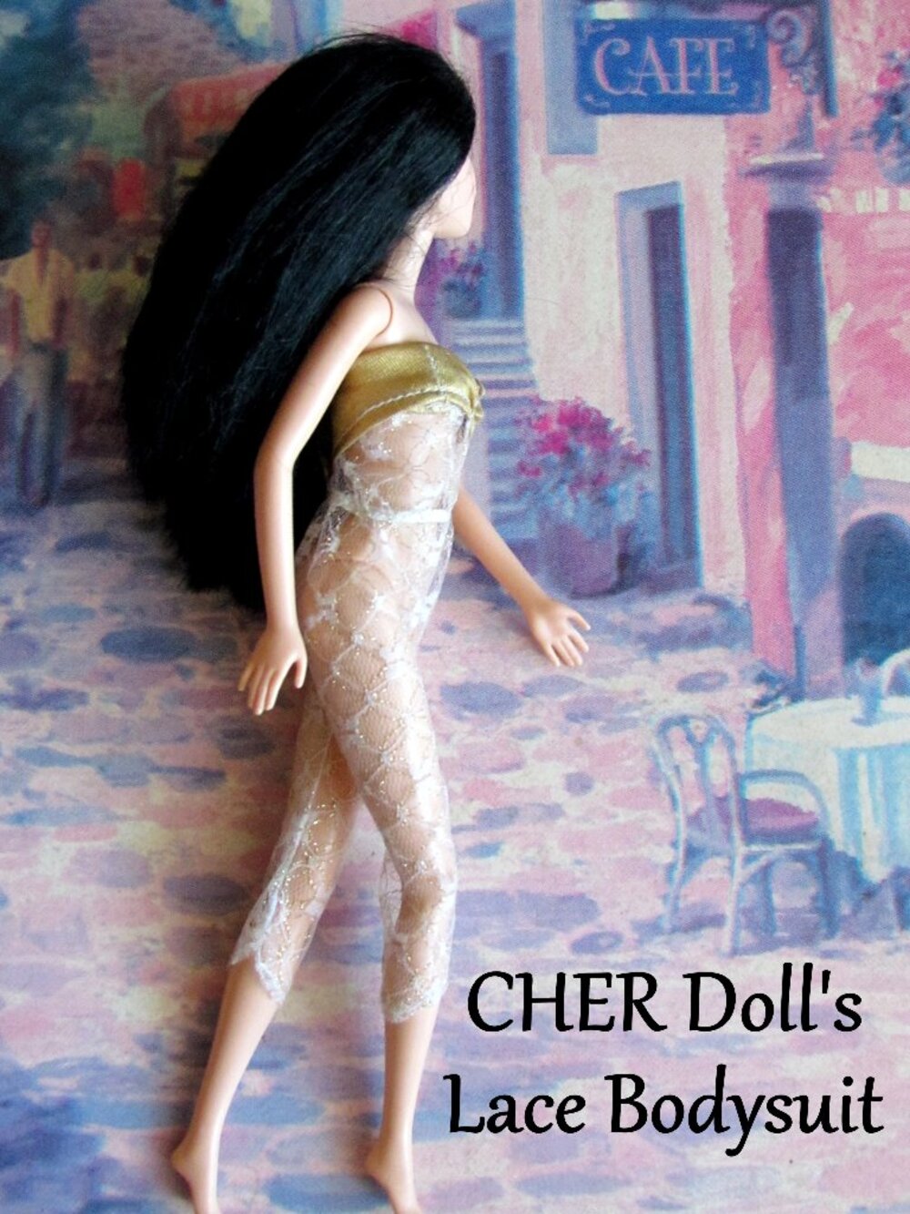 CHER DOLL "GENIE" BODYSUIT - 1976 VINTAGE SHEER LACE 1-PC ROMPER, GOLD LAME BRA